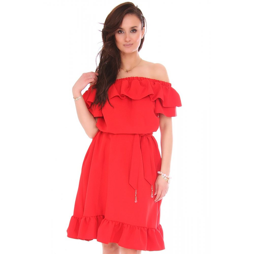 Sukienka midi z odkrytymi ramionami czerwona