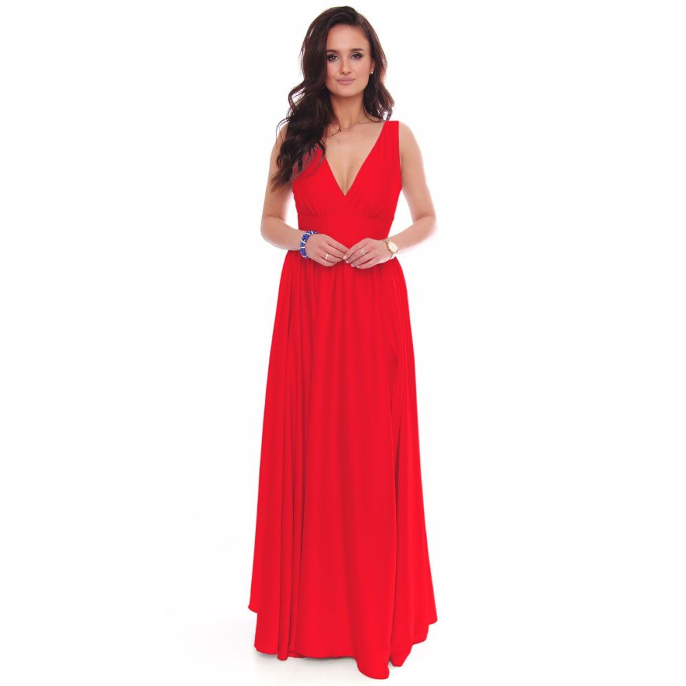 Sukienka modna maxi z dekoltem czerwona
