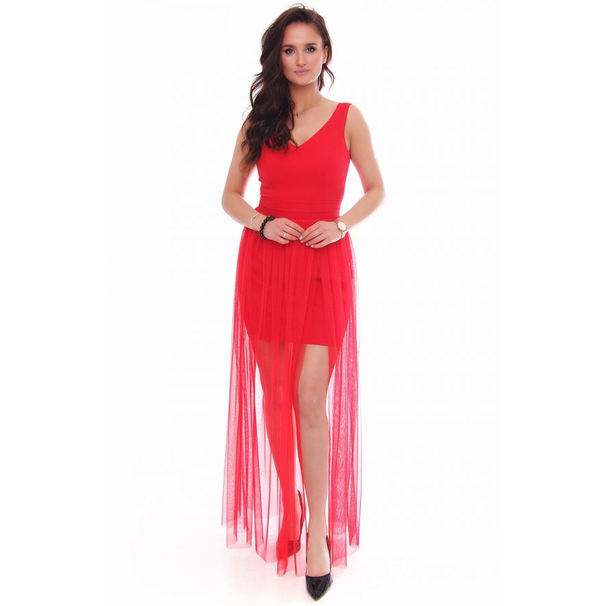 Sukienka maxi z rozporkiem tiulowa czerwona