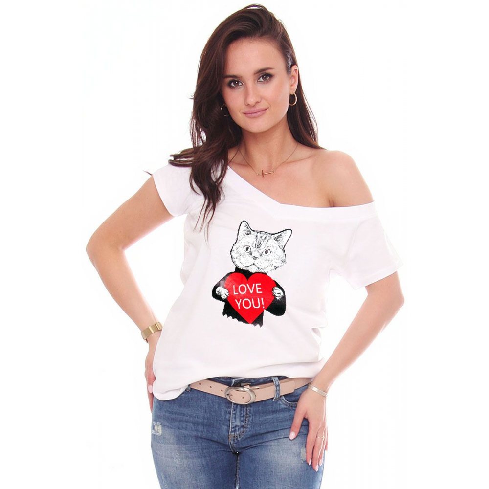 Koszulka modna nadruk Cat biała