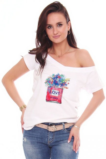 T-shirt z bawełny bluzka nadruk Love biała