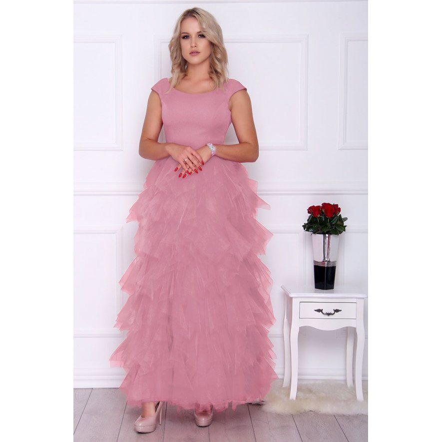 Sukienka elegancka maxi falbanki różowa
