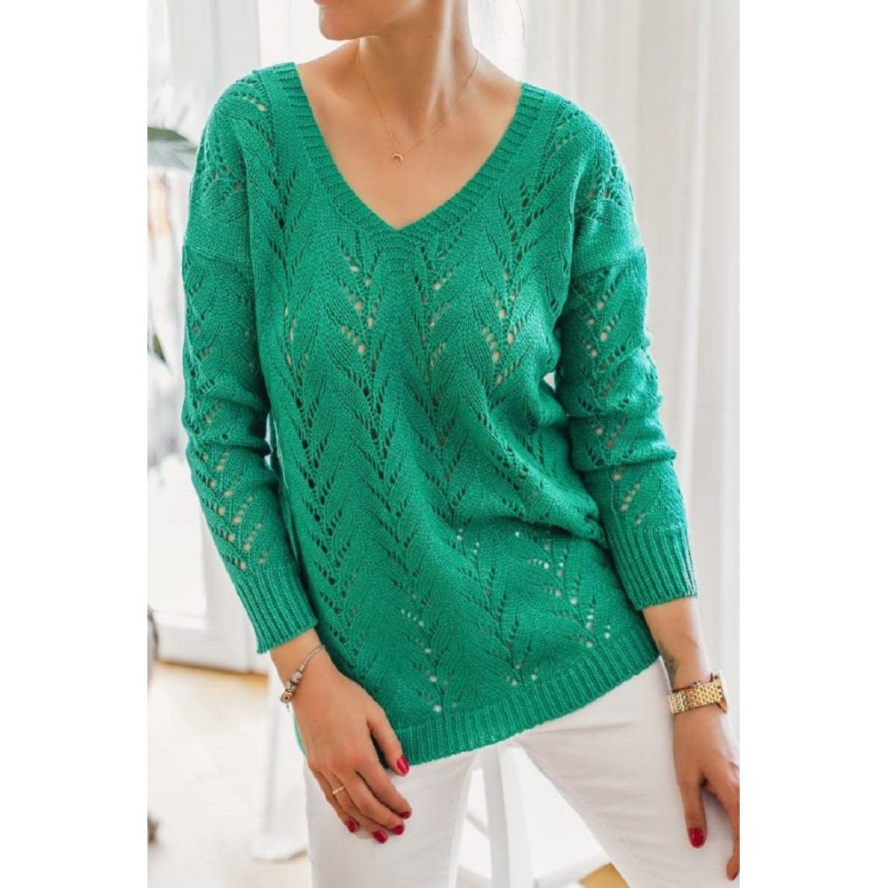 Sweter damski ażurowy dekolt zielony