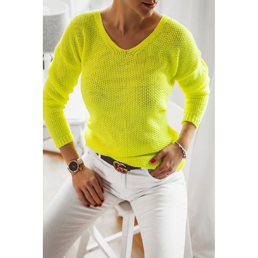 Sweter oversize wycięty dekolt neon żółty