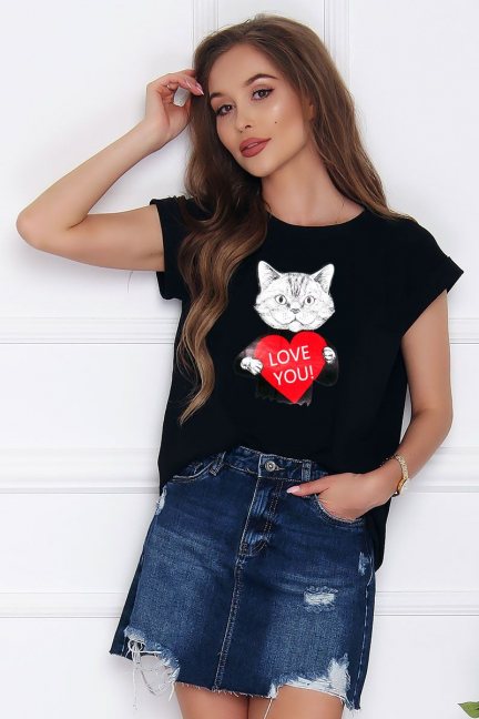 Koszulka damska z nadrukiem Cat czarna