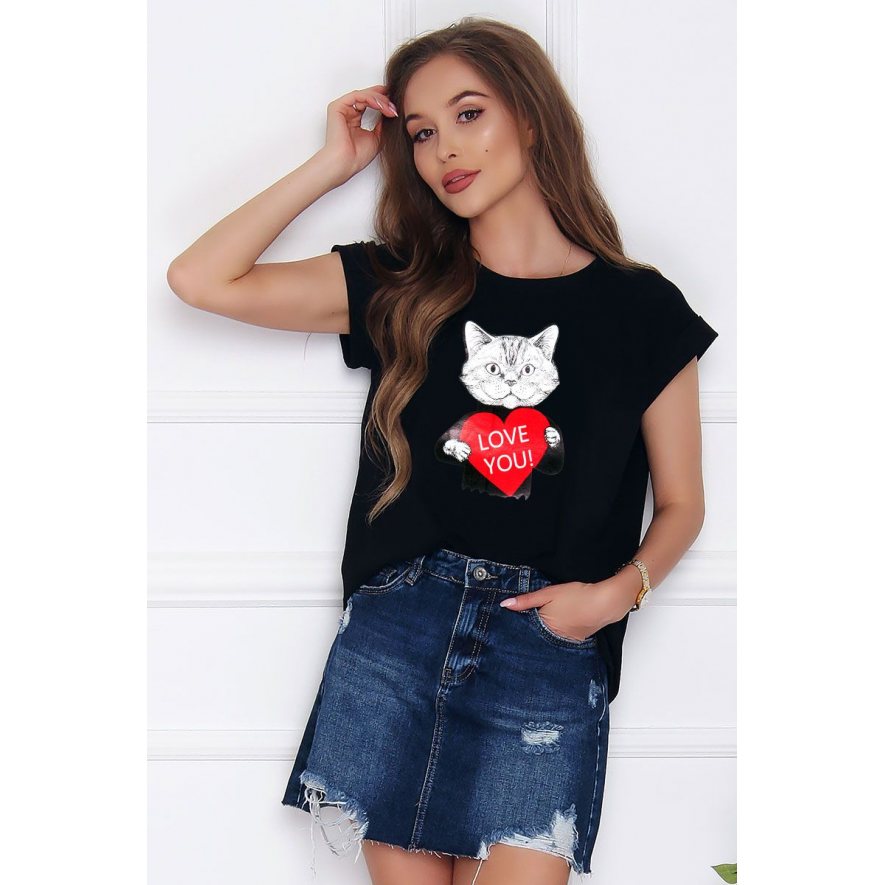 Koszulka damska z nadrukiem Cat czarna