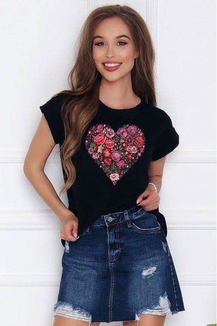 T-shirt damski z bawełny Folk Heart czarny