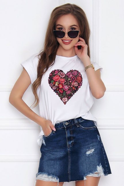 T-shirt damski z bawełny Folk Heart biały