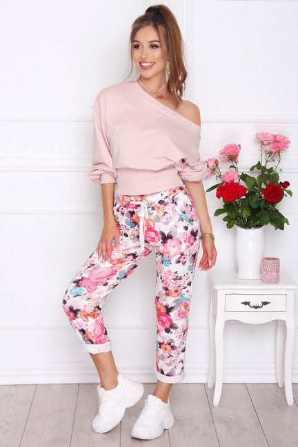 Spodnie damskie modne w kwiatki różowe