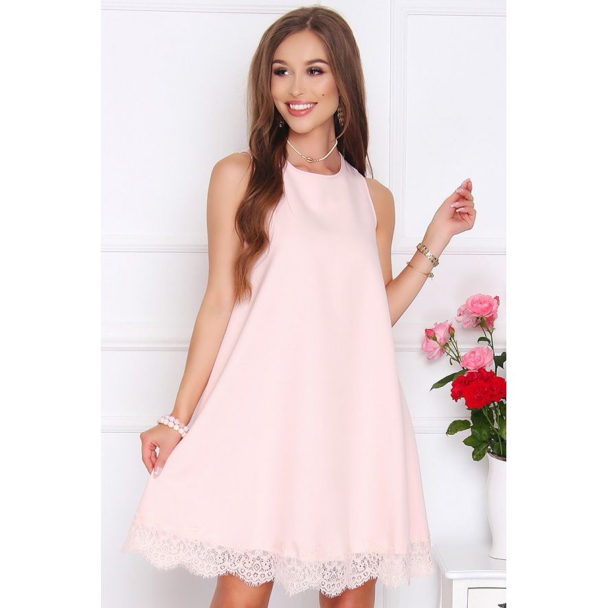 Sukienka trapezowa mini z koronką różowa