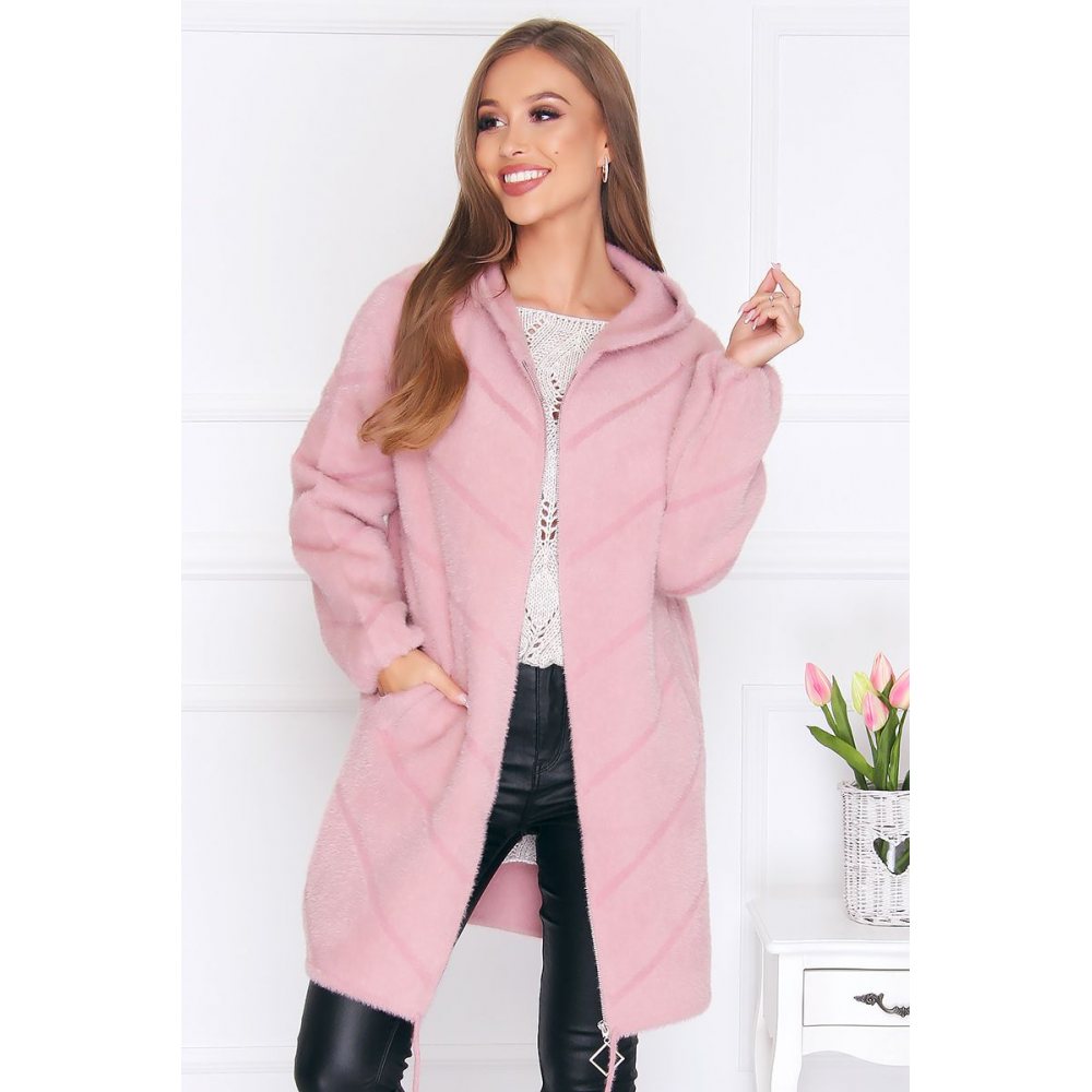 Płaszcz modny alpaka kaptur różowy