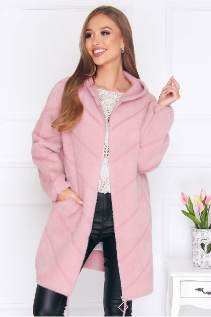 Płaszcz modny alpaka kaptur różowy