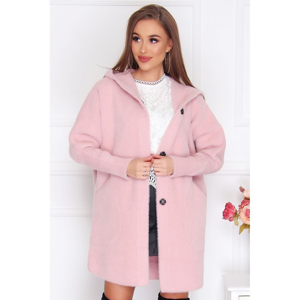 Płaszcz krótki alpaka z kapturem różowy