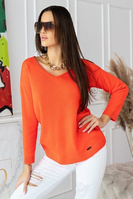Sweter modny damski z dekoltem pomarańcz