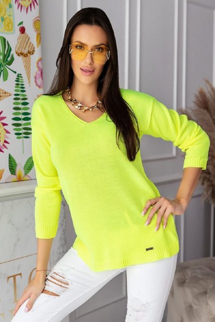 Sweter modny damski z dekoltem neon żółty