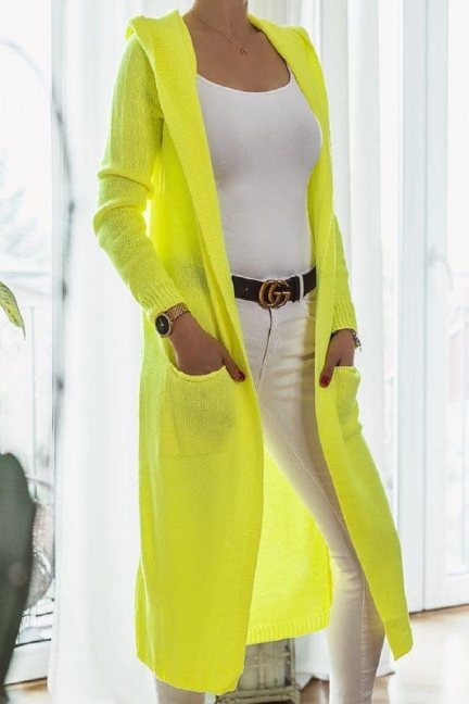 Kardigan modny długi z kapturem neon żółty