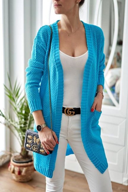 Sweter kardigan modny kieszenie niebieski