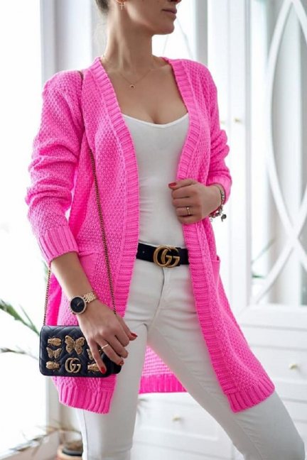 Sweter kardigan modny kieszenie różowy