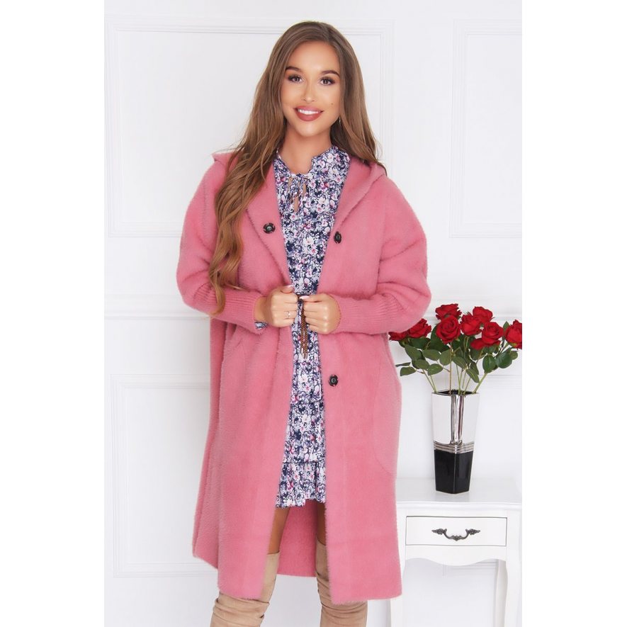 Płaszcz wiosenny alpaka z kapturem różowy