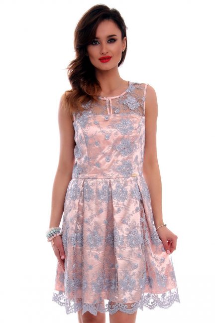 Sukienka koronka z zakładkami CMK514 szaro-różowa